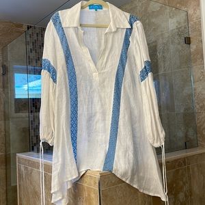 A MERE CO white linen blue stitched tunic dress small